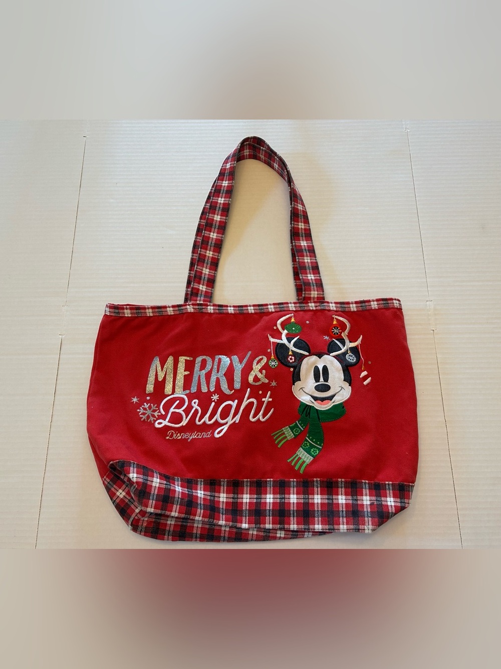 Disneyland Mickey Mouse "Merry and Bright" Red and Plaid Christmas Tote Bag